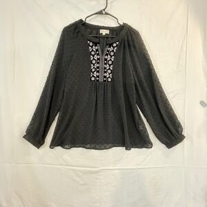 Cloth & Portrait Shirt Womens Large Black Swiss Dot Sheer Boho Peasant Top